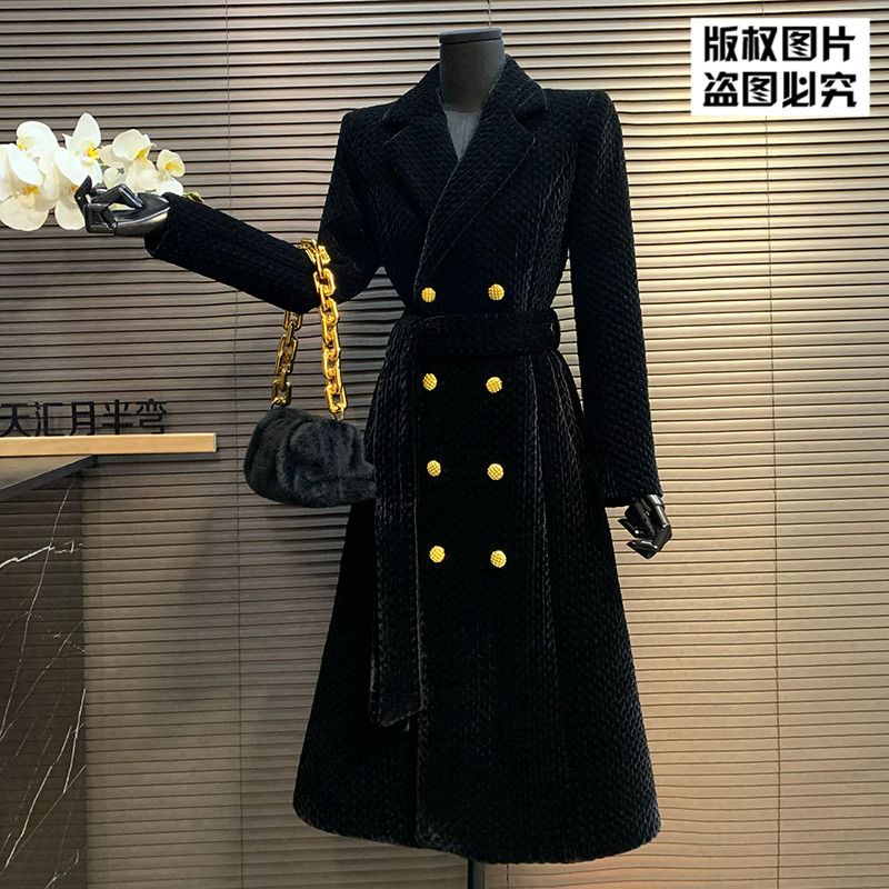 新款小香风黑色金丝绒加棉大衣女正肩中长款风衣外套