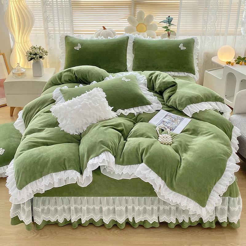 新款韩版8斤-8.5斤四件套加厚四件套蕾丝花边加厚牛奶绒四件套