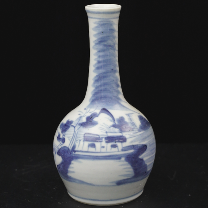 甲48529 清中期青花山水人物胆瓶 器身轻微沁色 古瓷器真品