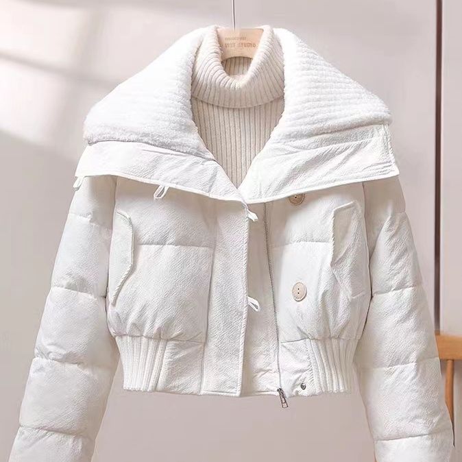 博腾年新款高腰羽绒服女短款小个子羊羔毛翻领拼接冬季棉袄