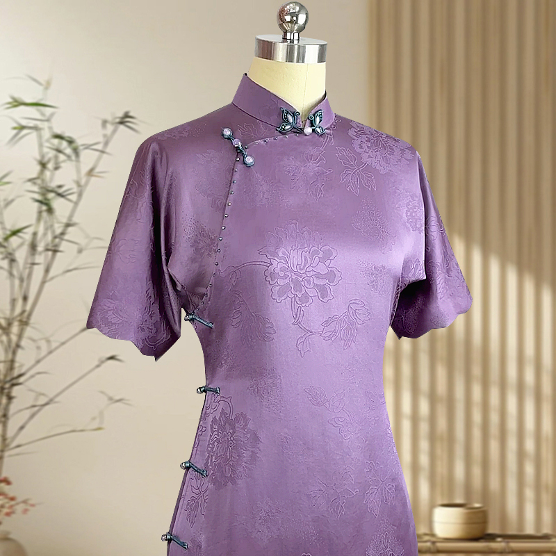 紫霞仙子 玲珑娇高端旗袍真丝香云纱一片式手工古法平裁全开襟秋