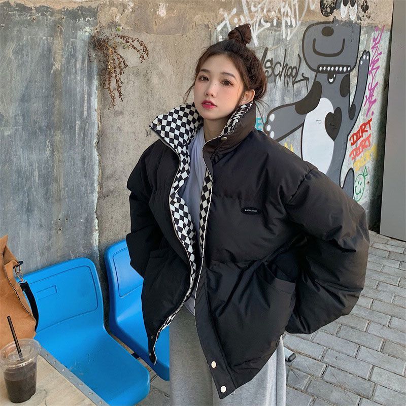 领格新款羽绒服棋盘格棉服外套女2023冬季新款森系羽绒面包服棉服