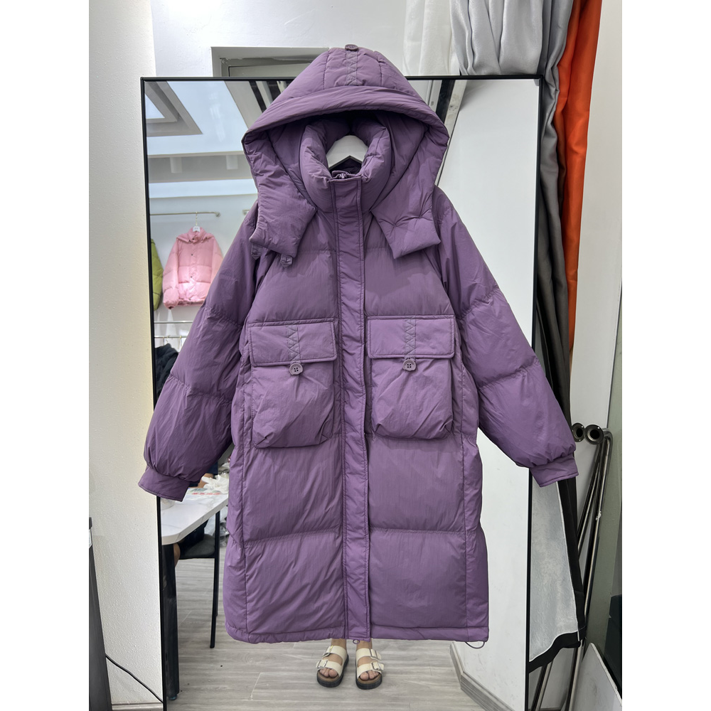领格2023年韩版反季新款羽绒服女中长款连帽白鸭绒过膝加厚宽棉服