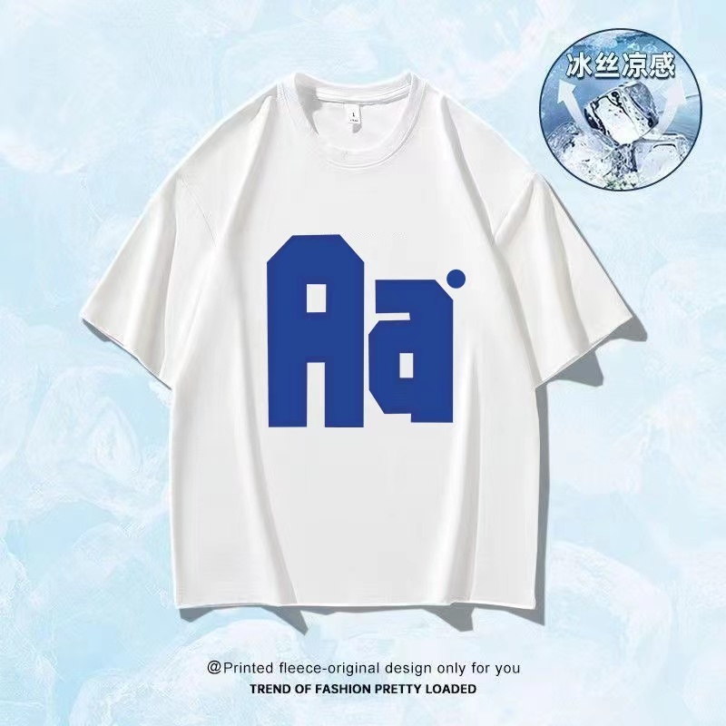 2024冰丝t恤港风ins时尚字母印花圆领短袖T恤男潮流百搭休闲男潮t