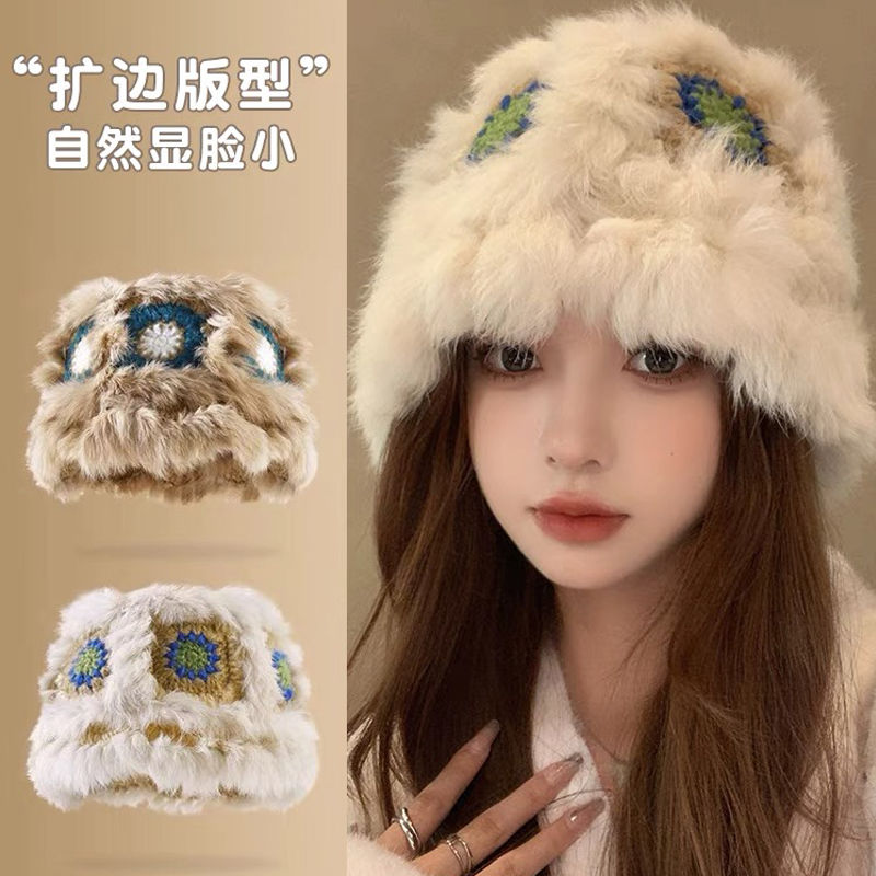 Z111国风醒狮帽女秋冬大头围兔毛针织帽防寒保暖毛线帽子显脸小