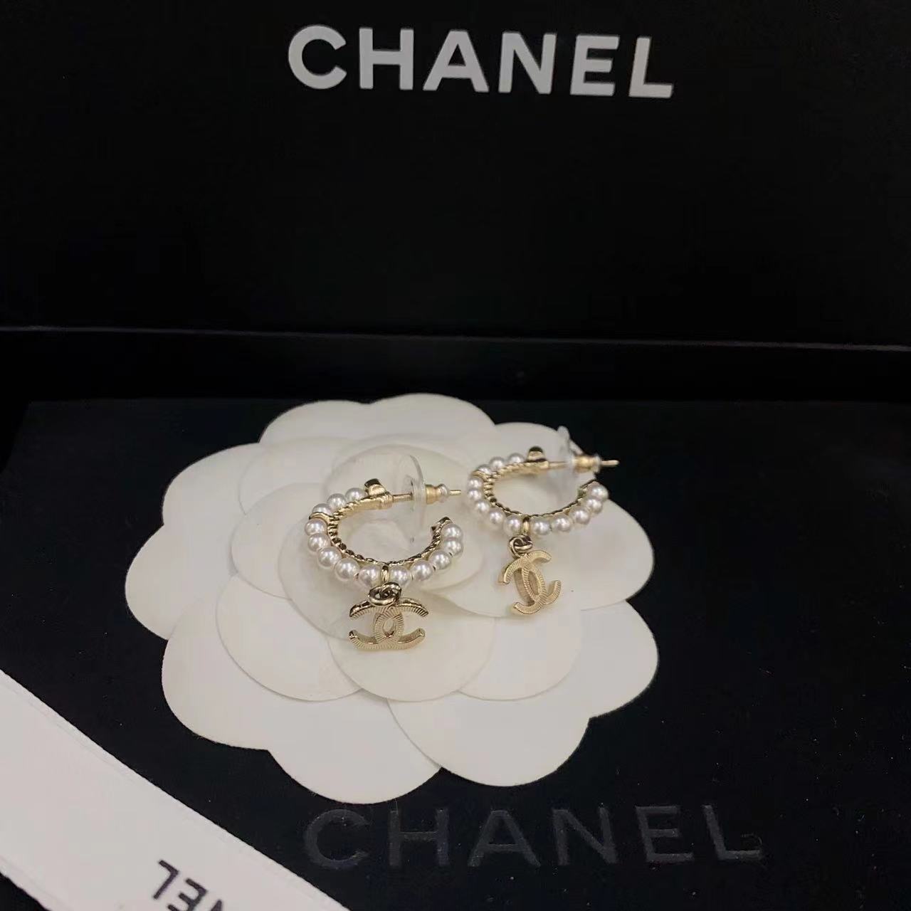 99新 Chanel/香奈儿  经典双c/香槟金/珍珠耳钉/耳钩/耳钉