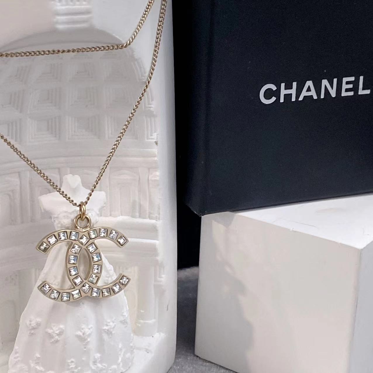 99新 Chanel/香奈儿 /经典双c/素双c/香槟金/梯方钻/项链/P
