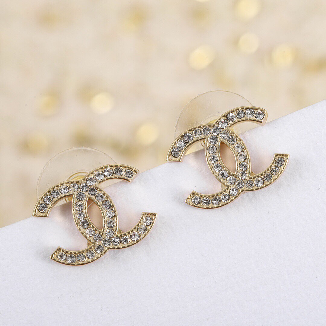 99新 Chanel/香奈儿  耳钉经典款双c/素双c/镶钻/精致/金色