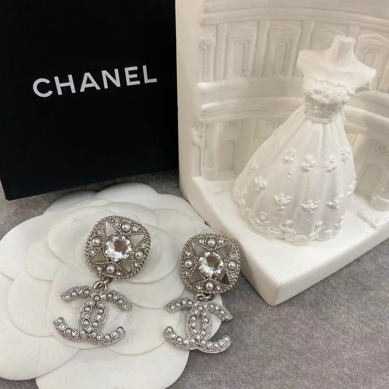 99新 Chanel/香奈儿 经典双c/方糖/水钻金属/镶钻/耳钉/