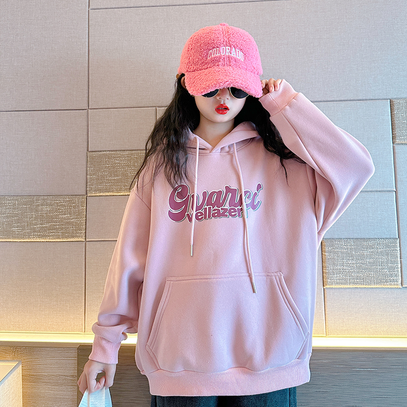 女童加绒卫衣冬装2023新款儿童一体绒上衣女孩大童加厚宽松套头衫