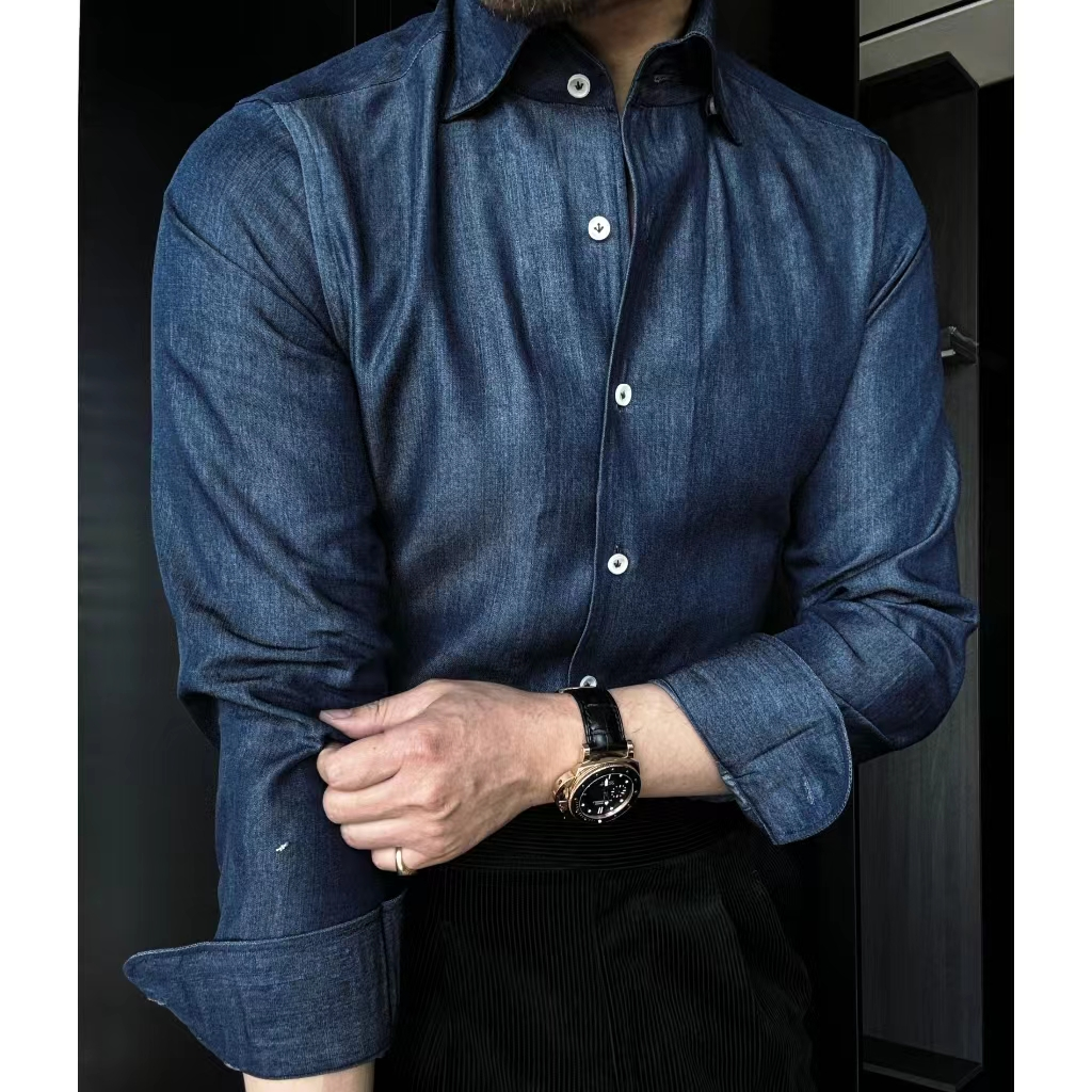 DRUNKCORNER 牛仔一片领衬衫修身设计师休闲