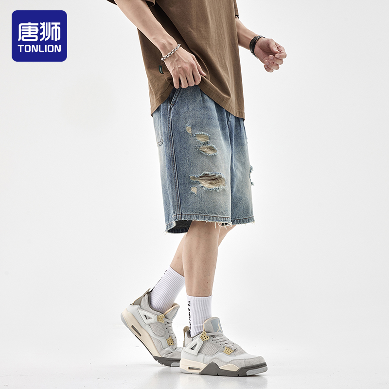 唐狮破洞牛仔短裤男潮牌宽松大码直筒五分裤潮流休闲夏季薄款中裤
