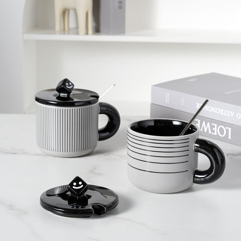 美式复古陶瓷水杯情侣带盖勺女生家用办公室喝水杯早餐牛奶咖啡杯