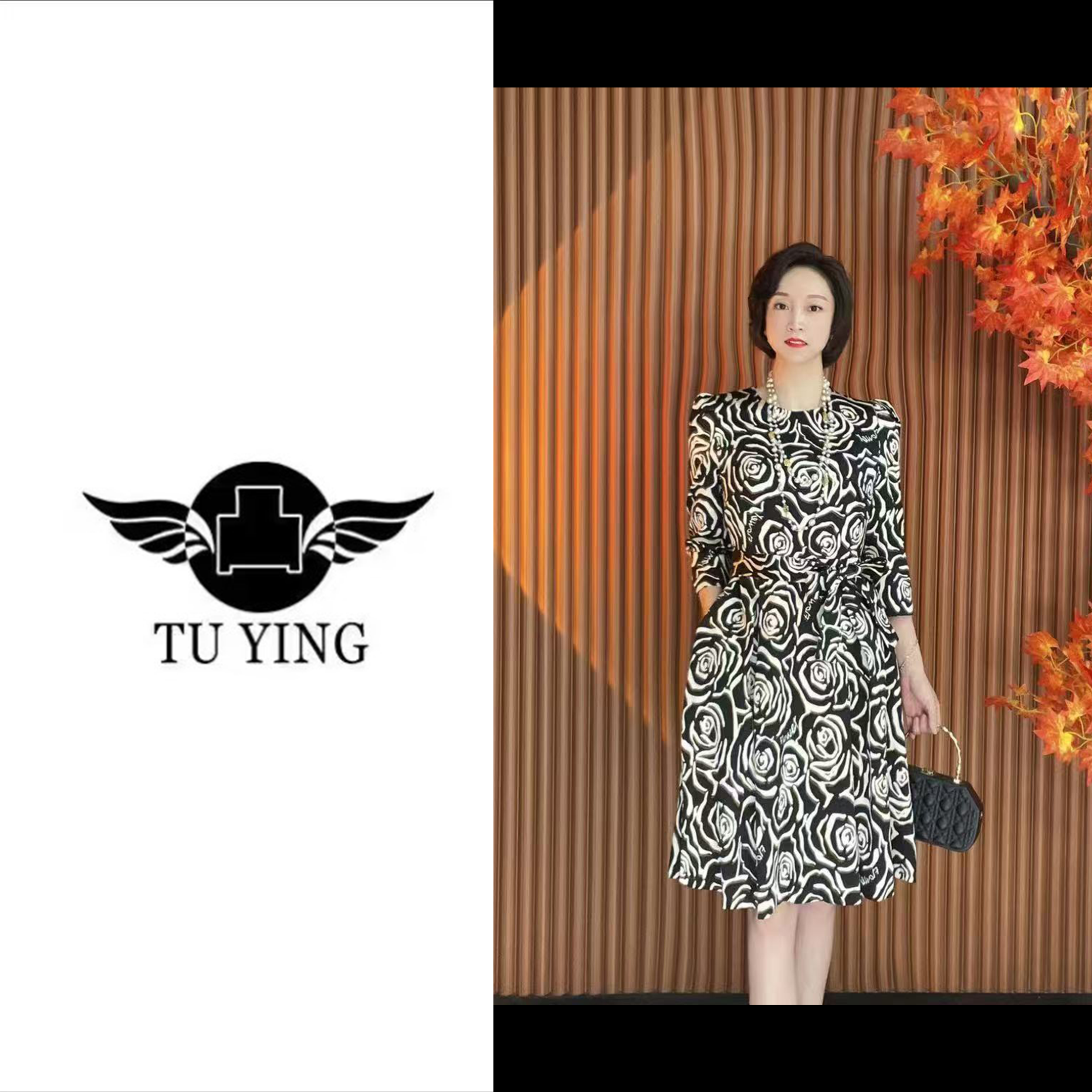 凸影秋季黑色山茶花优雅时尚气质圆领显瘦长袖连衣裙-88921