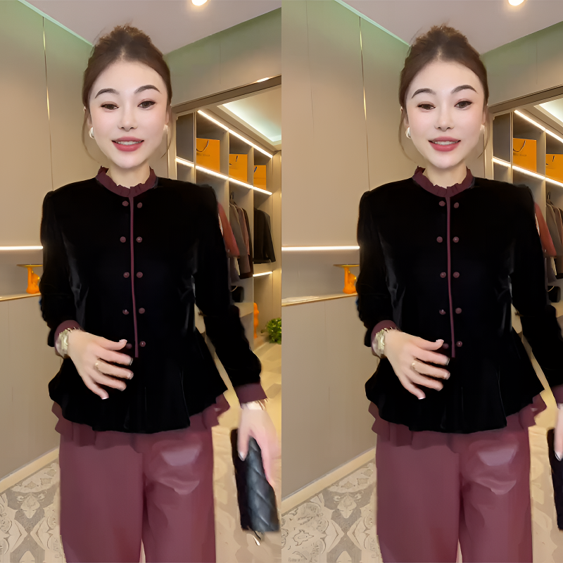 欧货气质衬衫女2024秋季新款洋气下摆荷叶边打底小衫显瘦丝绒上衣