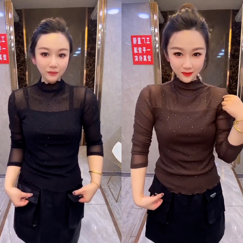 高档网纱重工艺满天星烫钻半高领中袖小衫打底衫显瘦百搭内搭