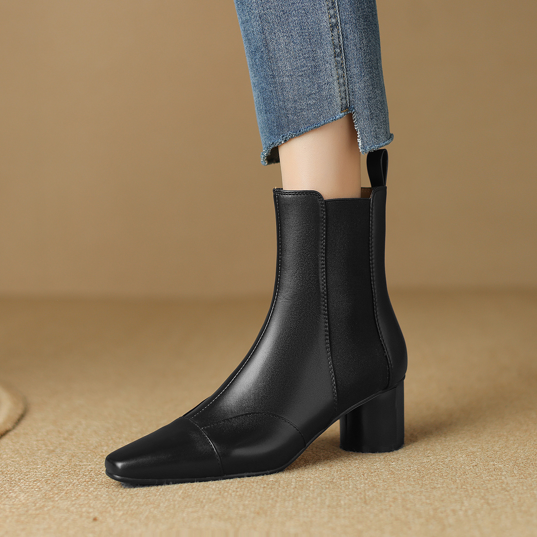 【跟高5cm】真皮高跟短靴女粗跟方头裸靴百搭中跟瘦瘦靴踝靴简约女