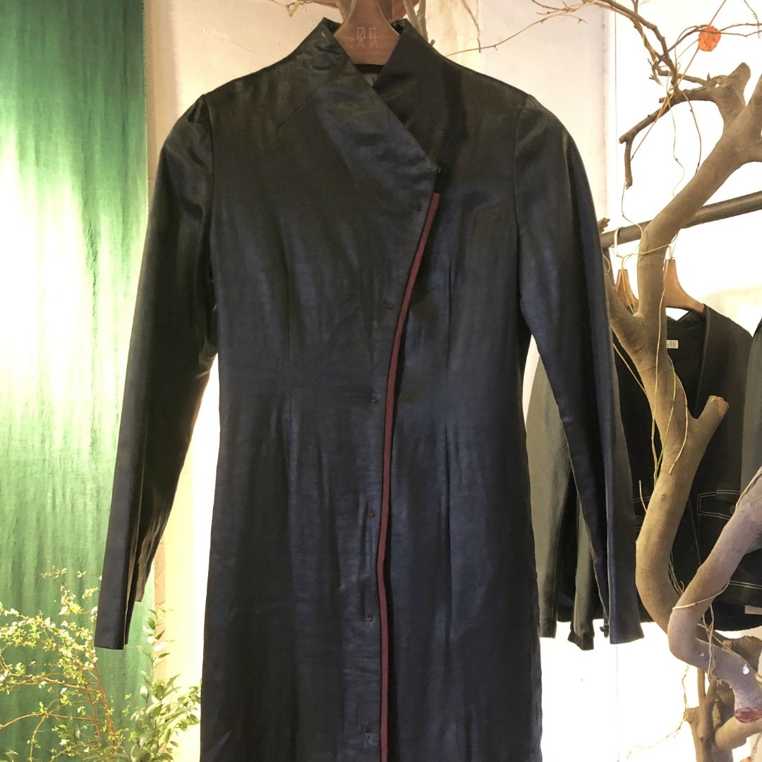 德玺见萩 香云纱重磅女款撞色中长款薄棉衣L183S113