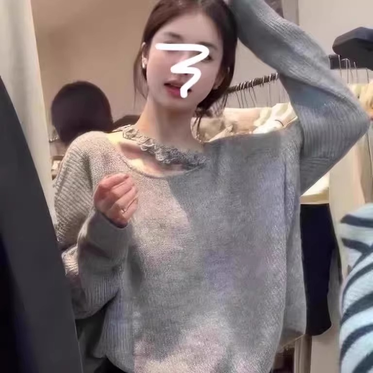 韩版灰色镂空花朵针织衫女2024秋季新款休闲气质减龄毛衣内搭上衣