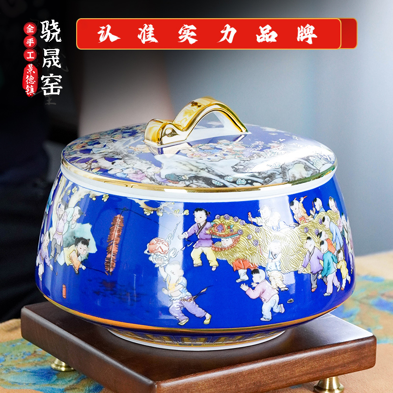 景德镇陶瓷《手工手绘》《福娃送运送财》摆件、茶叶罐＝《自用送礼必备》