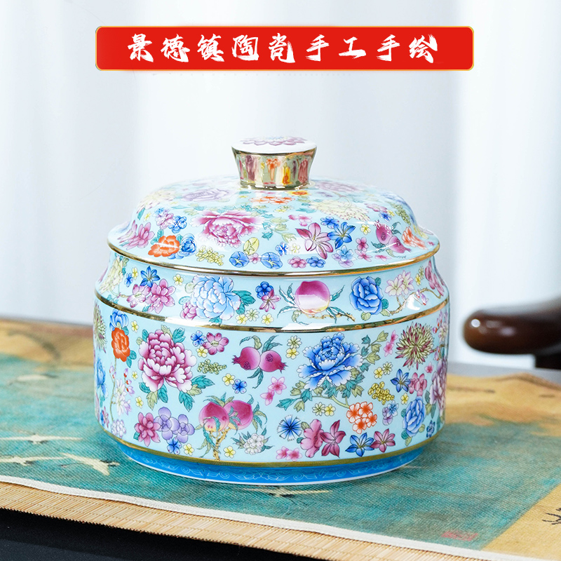 景德镇陶瓷茶叶罐《手工手绘》中式高档大号带盖珐琅彩描金