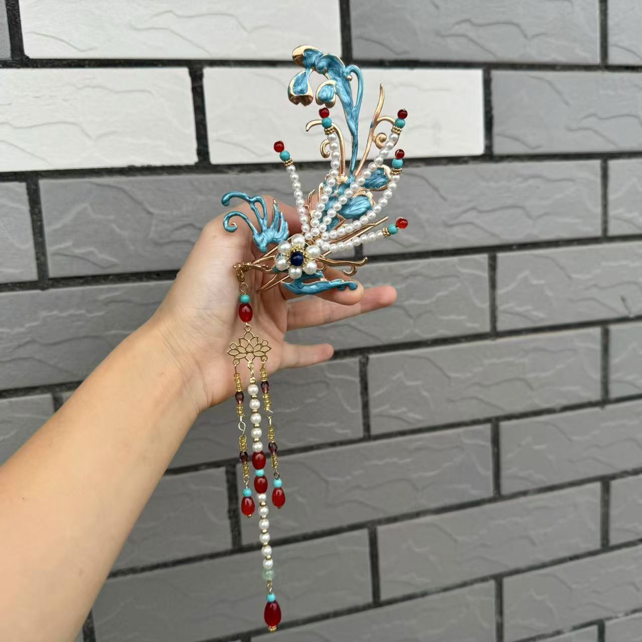 前尘梦汉服配饰古风烧蓝侧凤流苏发钗烧蓝侧凤发钗