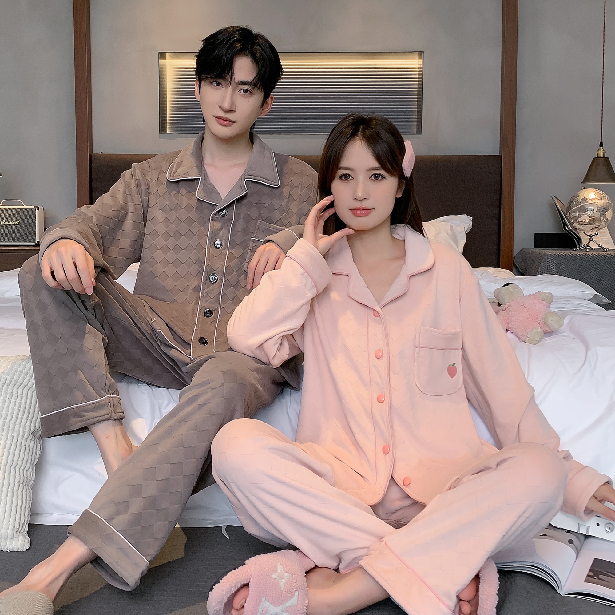 情侣装睡衣秋冬季新款海岛绒开衫翻领长袖套装韩版宽松休闲家居服