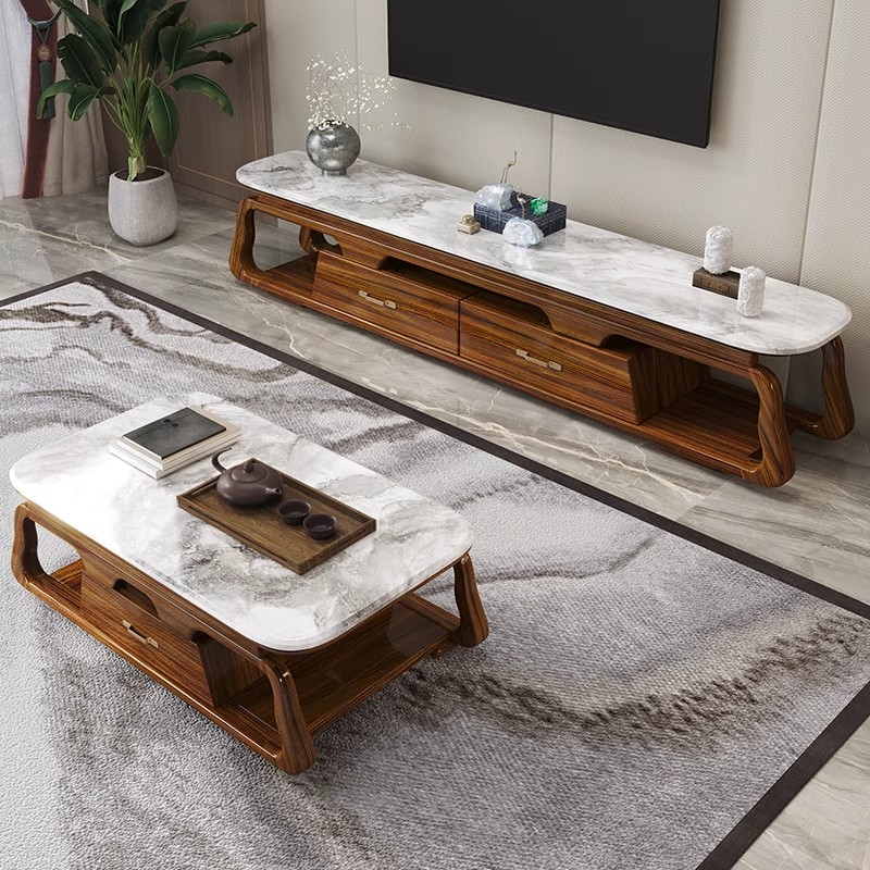 新中式乌金木茶几电视柜组合客厅别墅简约百搭大理石实木奢华欧式