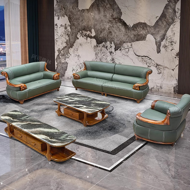 新中式乌金木真皮沙发现代简约客厅别墅家用头层牛皮U型沙发组合