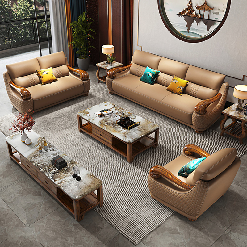 现代新中式真皮沙发头层牛皮乌金木123轻奢沙发客厅北欧实木家具