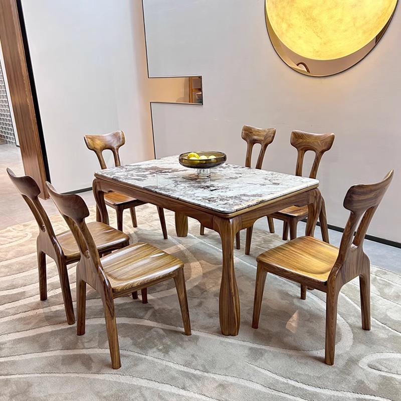 新中式乌金木餐桌天然大理石豪华家用餐厅高级新中式欧式实木方桌