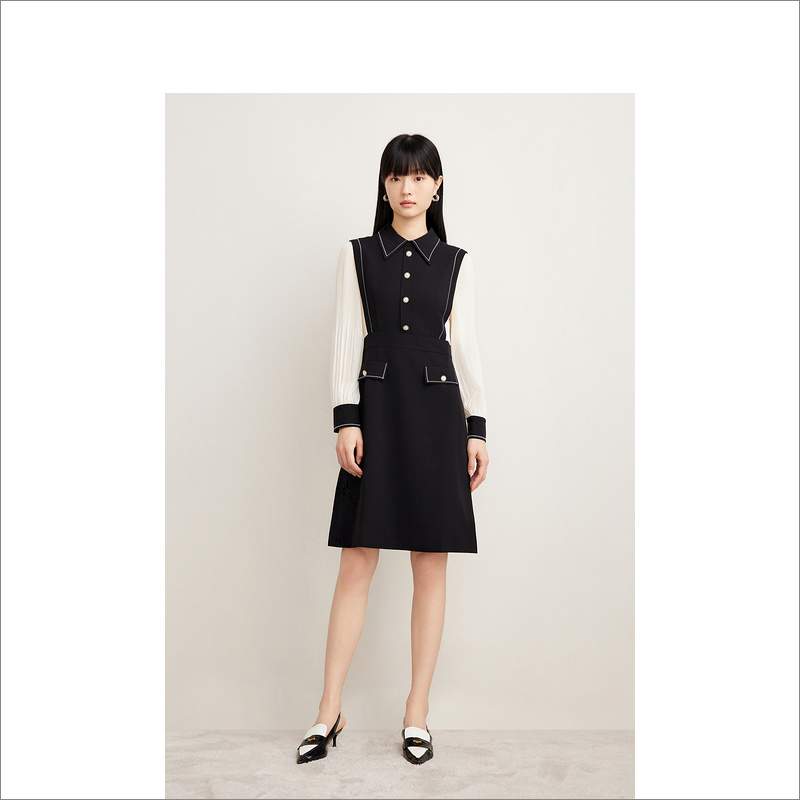 Goodland美地早秋新款气质显瘦显高拼接小香风连衣裙LC64305020