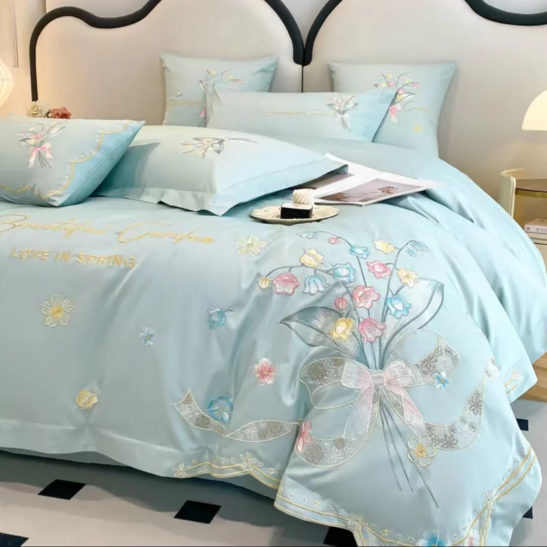 120支长绒棉 全棉 四件套 轻奢纯色床上用品 高档 刺绣斯嘉丽系列