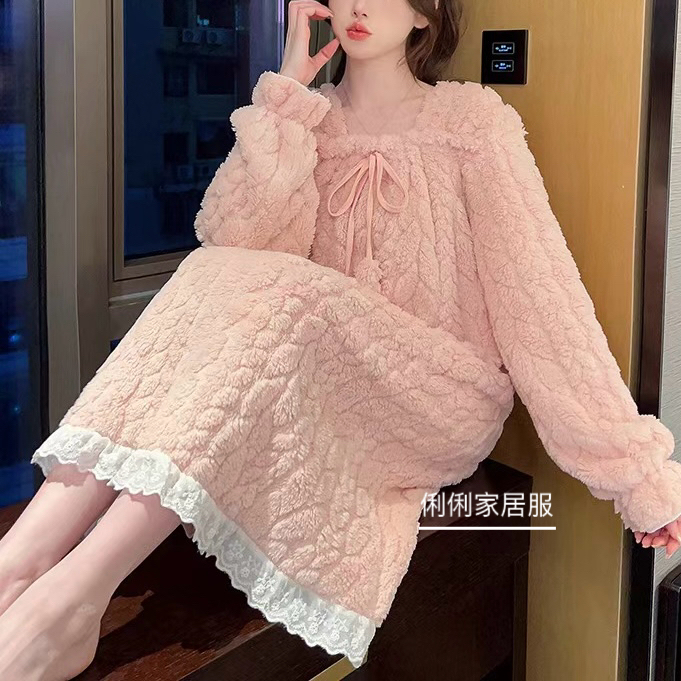 睡裙女款秋冬季珊瑚绒长款加厚公主风大码胖mm孕妇睡衣宽松家居服