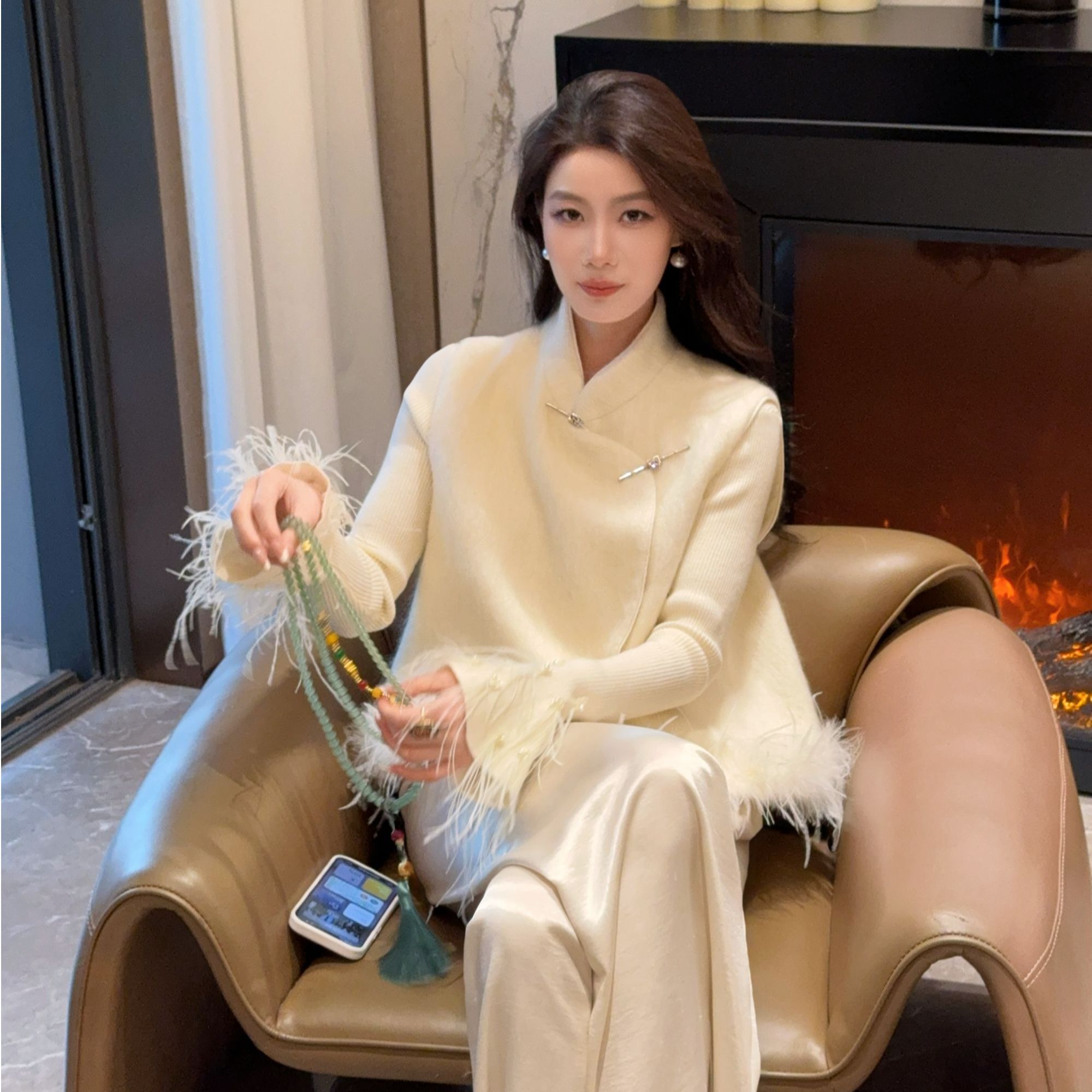 FAFA STUDIO轻国风毛呢马甲背心秋冬外搭毛毛外套轻奢气质宽松女.