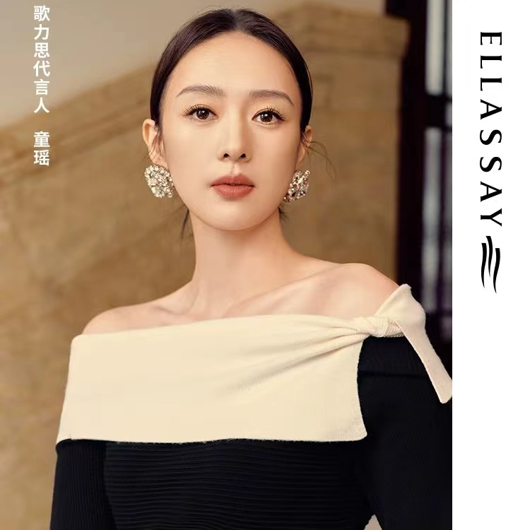 【童瑶同款】歌力思秋冬新款优雅纽结一字领针织衫女EWF353M00300