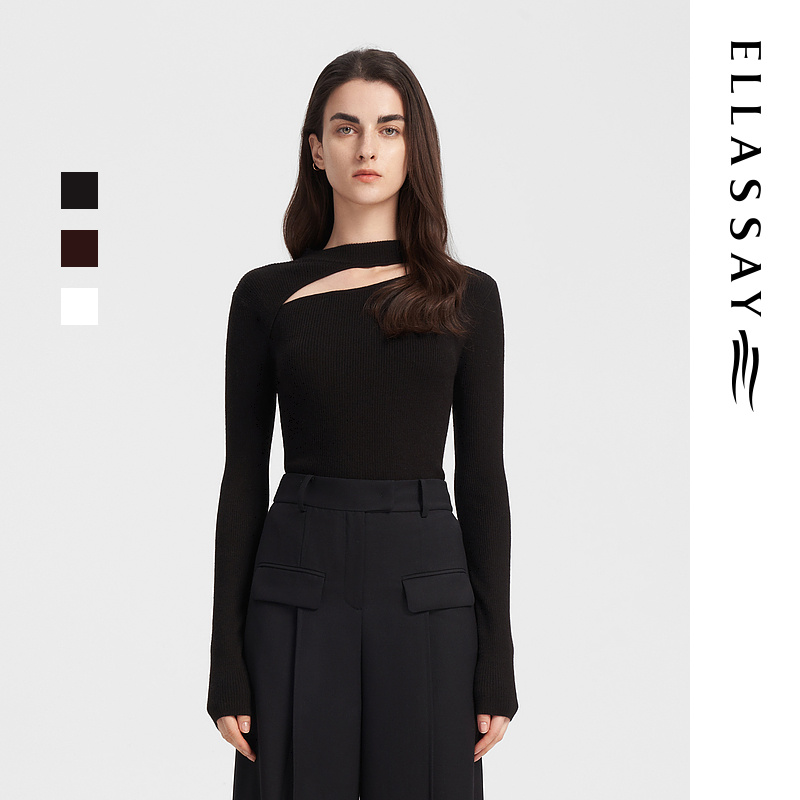 歌力思秋季新款雅丹风绵羊毛套头修身镂空针织衫女EWB343M01600