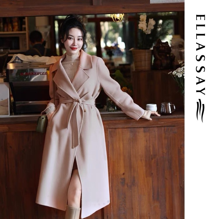 歌力思秋冬新款气质大女主粉色温柔毛呢大衣外套女EWB346D02100