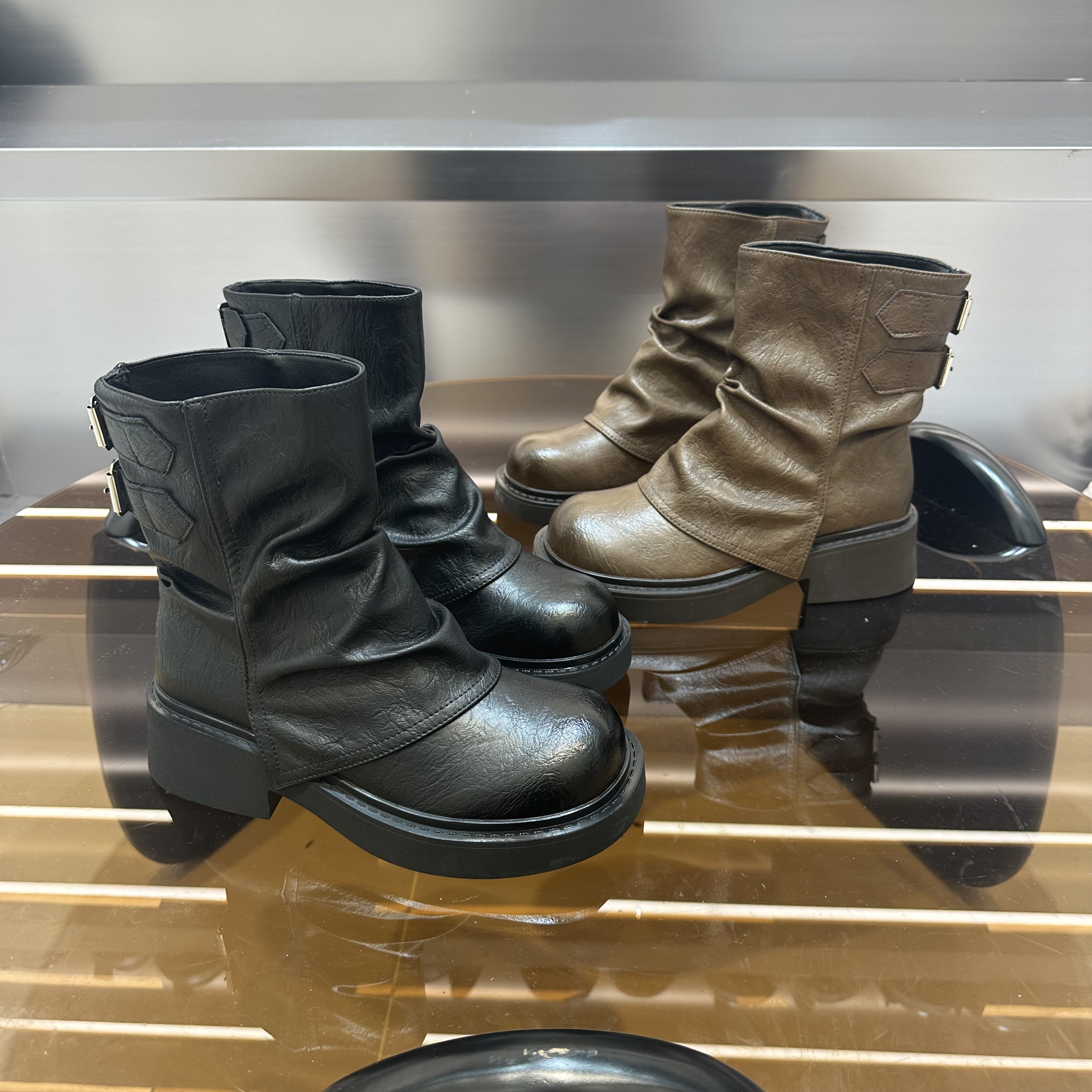 2024秋季时尚中筒靴休闲复古厚底百搭系带英伦风设计师靴子