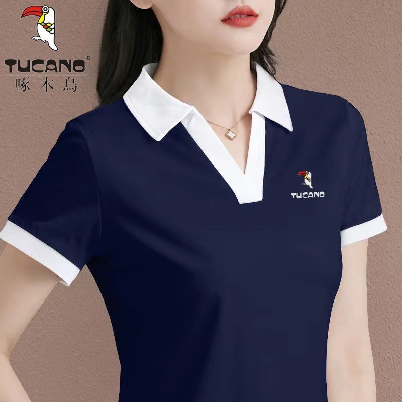 啄木鸟正品2024夏季新款显瘦翻领短袖百搭t恤女休闲polo衫上衣女