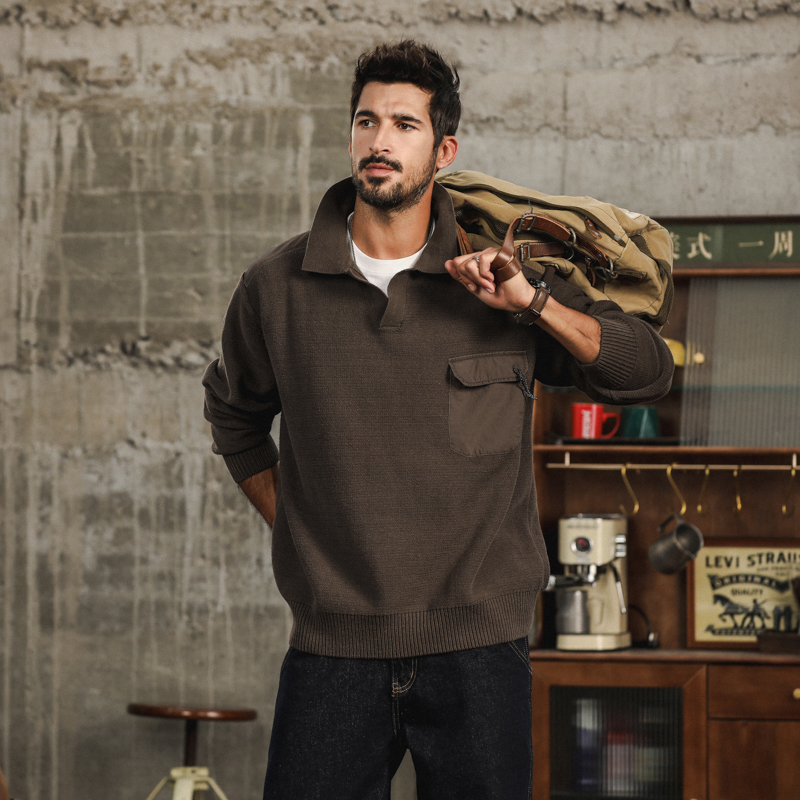 M8915美式重磅复古翻领毛衣男新款秋冬季潮牌宽松polo硬汉针织衫