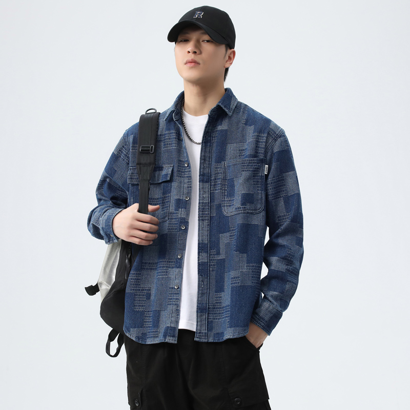 630秋新款复古男牛仔夹克美式休闲潮流宽松外套上衣男衬衫