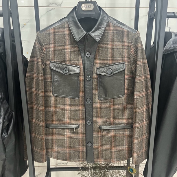 男款潮牌时尚羊毛配牛皮油蜡翻领衬衫款真皮皮衣