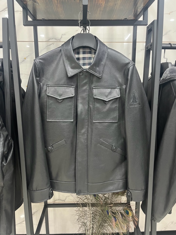 男款春秋休闲潮牌时尚山羊皮翻领刺绣油边猎装真皮皮衣