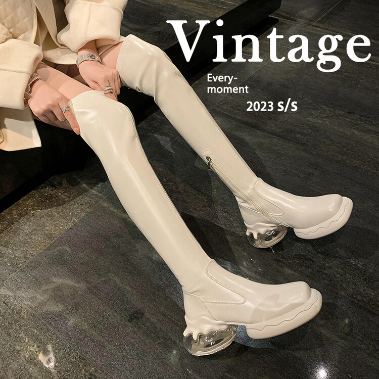 工厂直供白色长筒靴2023方头过膝靴泡泡糖厚底骑士显廋长靴瘦瘦靴