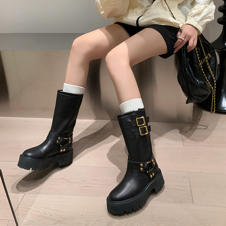 工厂直供真皮马丁靴女2023爆款洋气新款厚底皮带扣显瘦中筒骑士靴