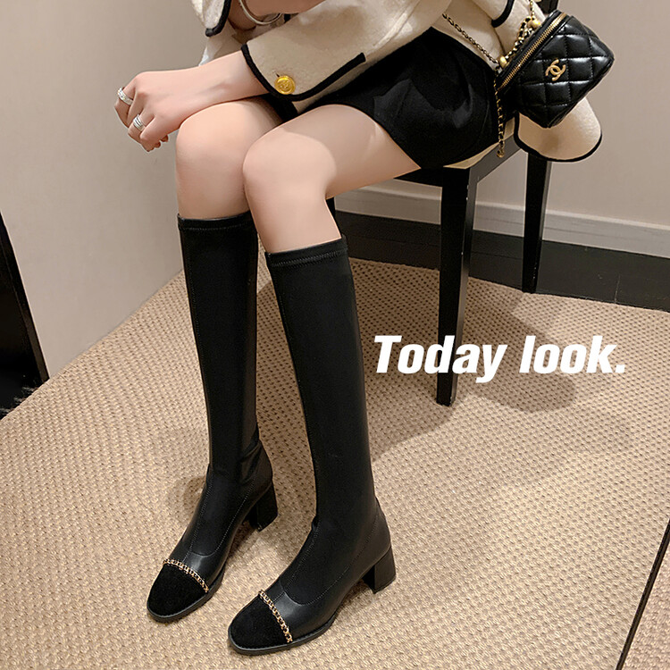 工厂直供小香风千金气质粗跟高跟链条拼色长靴弹力靴瘦瘦靴长筒靴