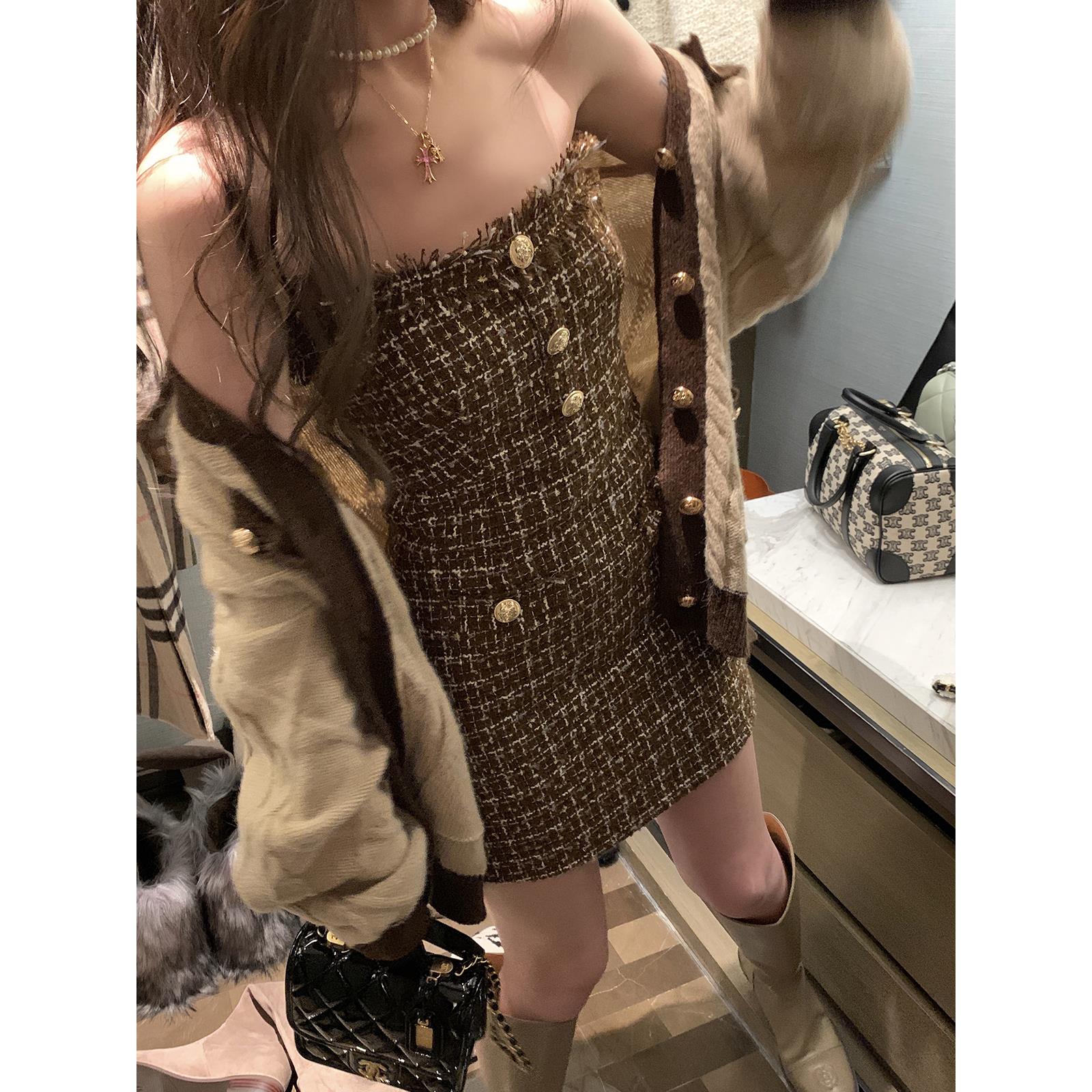秋季新款流水高腰裹胸纯欲辣妹小众加厚连衣裙女小个子秋冬名媛