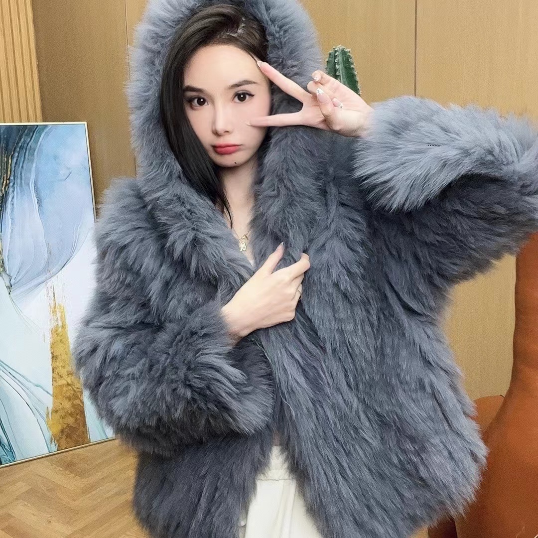 浅灰 狐狸毛气质冬季网红百搭连帽外套#WWAA49008