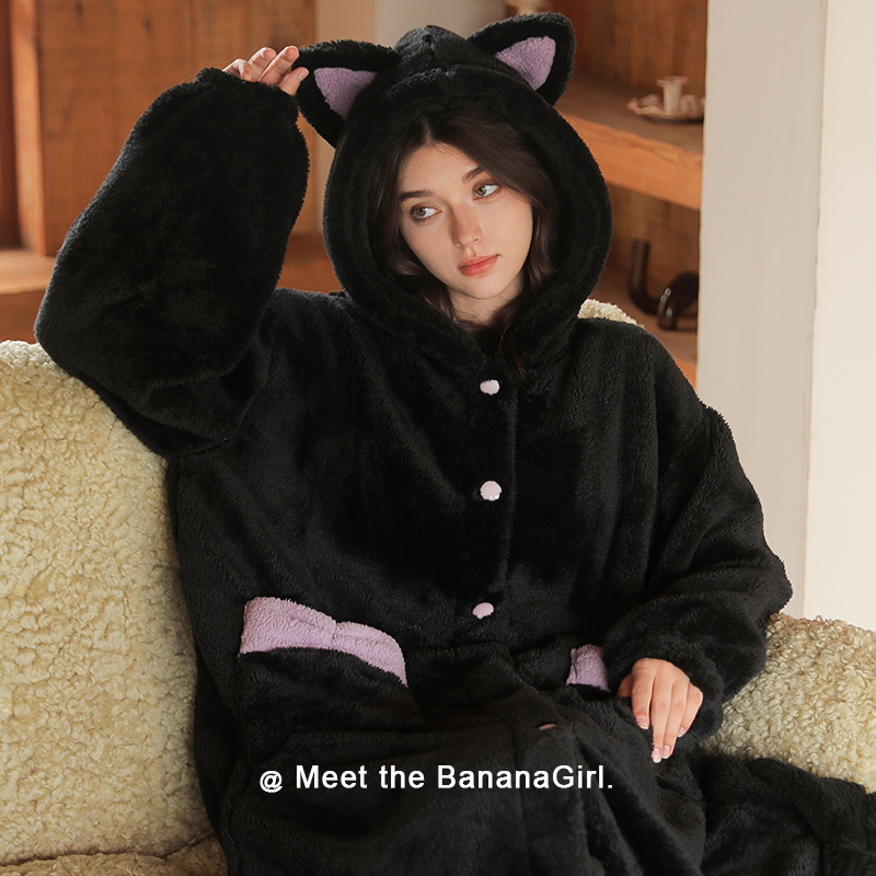 Bananagirl【玛丽猫】睡衣女秋冬连帽睡袍速暖加厚加绒家居服可外穿